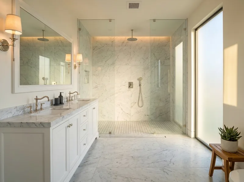 Classic bathroom with white paneled vanity, marble, and polished fixtures
