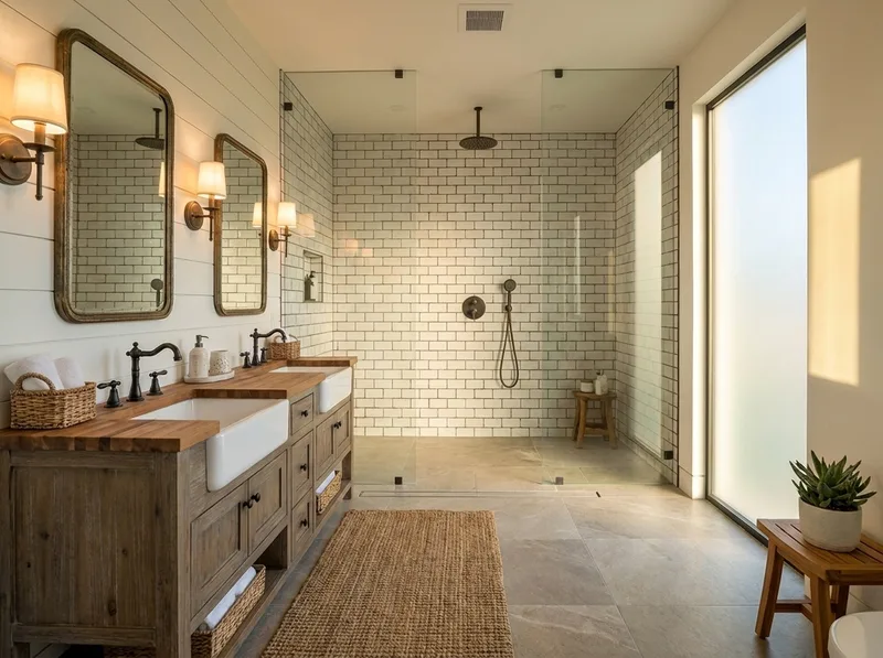 Farmhouse bathroom with rustic wood vanity, shiplap, and sage tile