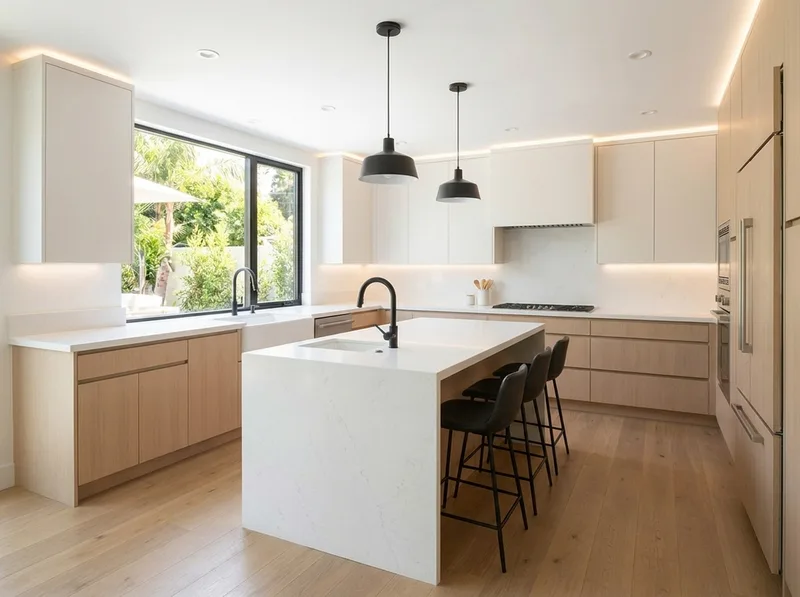 Minimalist kitchen with handleless pale cabinets and bare counters