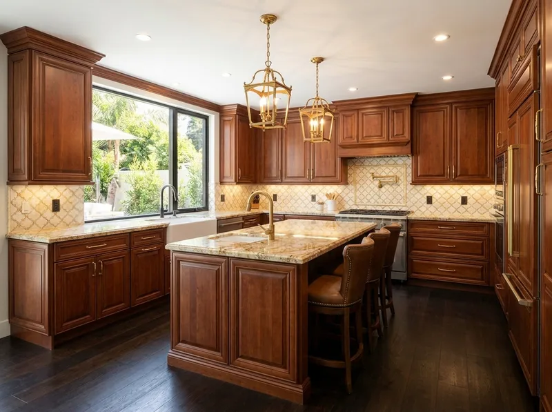 Traditional kitchen with warm wood raised-panel cabinets and brass accents